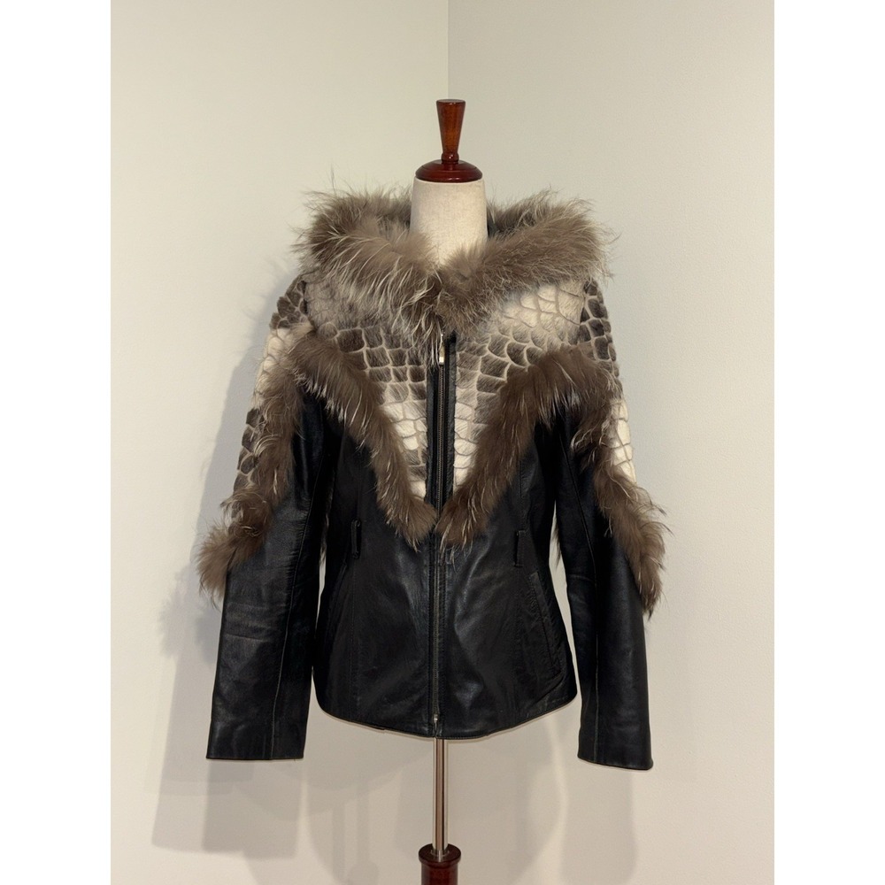 VTG Leather Jacket With Real Fur Rare Lederland Hooded Fur Biker Women's Sz L